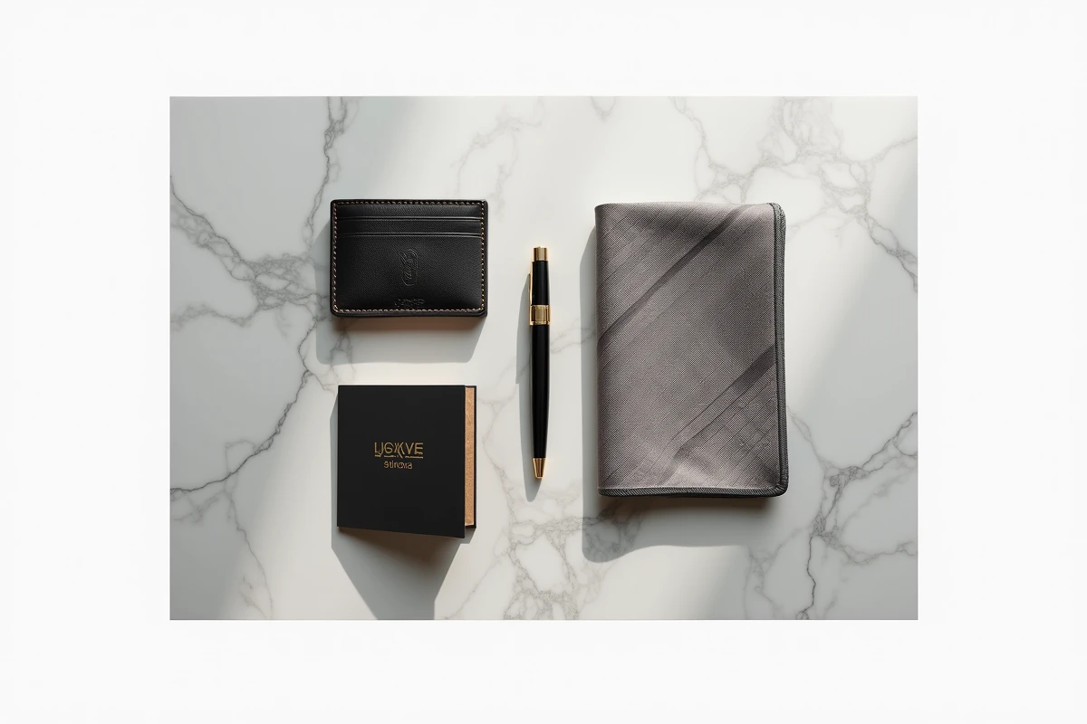 Plat posé éditorial d'accessoires de luxe sur marbre blanc : porte-cartes monogrammé, carré de soie, stylo laqué et livret de marque gravé
