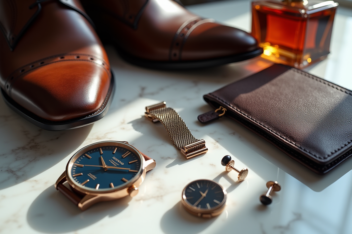 Collection d accessoires masculins sur surface en marbre