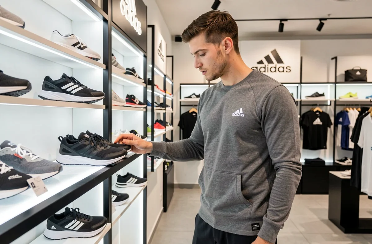 Homme examinant des chaussures de sport dans le magasin Adidas Outlet Store de Beaucouzé