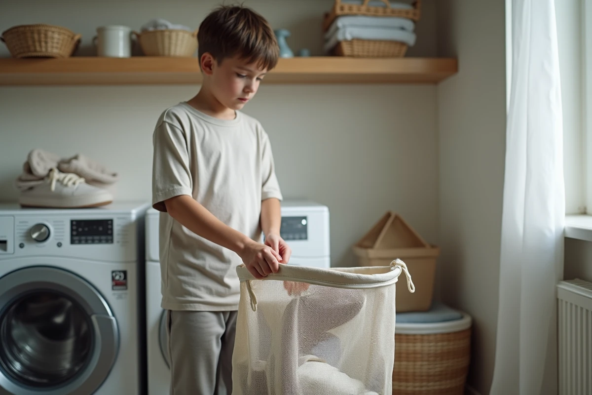 Adolescent organise des sneakers dans un sac de lavage