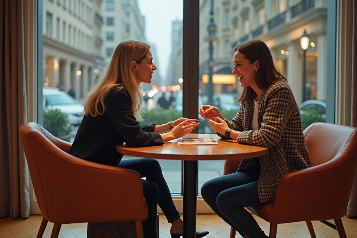 Deux amis discutant accessoires dans un café chic