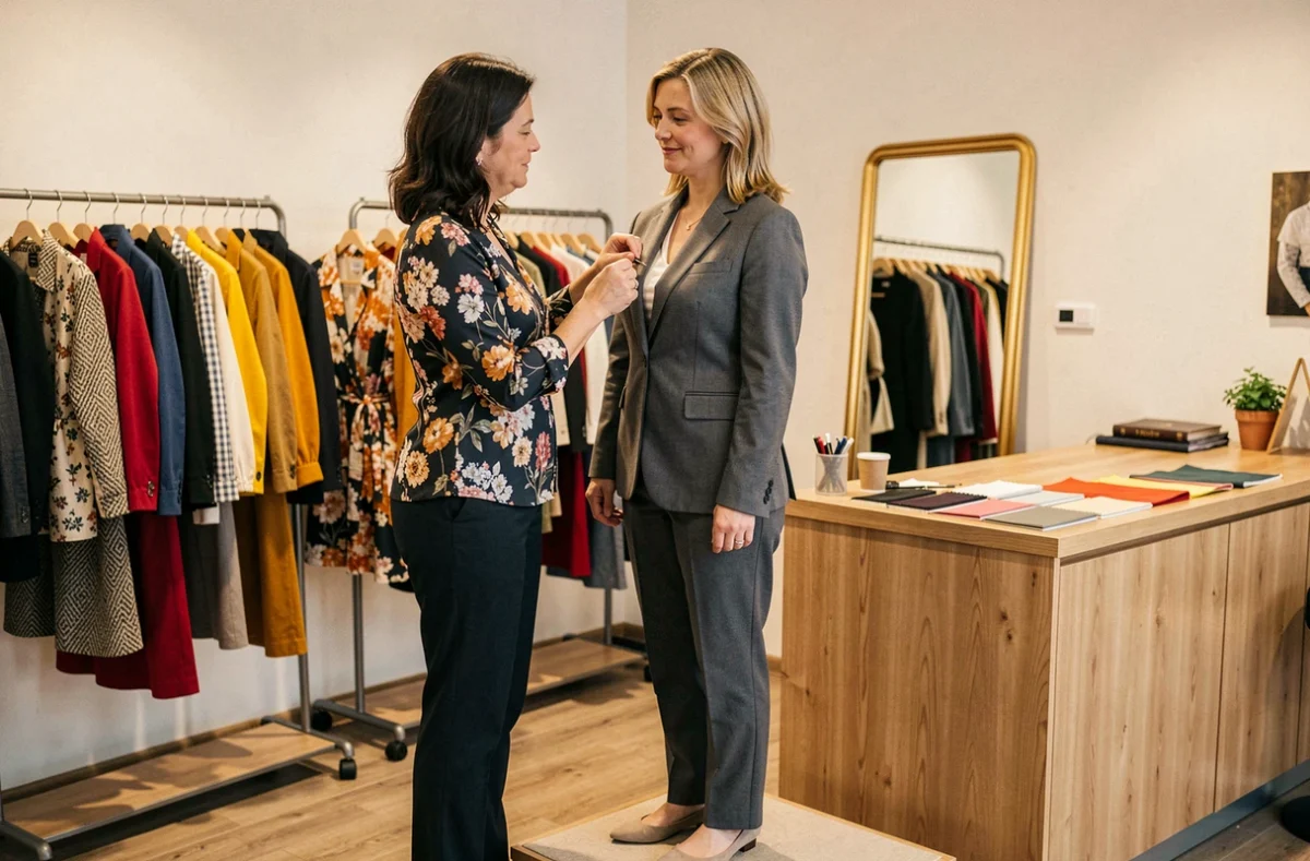 Couturière effectuant des retouches sur un blazer ajusté pour une cliente dans la boutique Ann'Mode à Dijon
