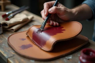 Artisan appliquant de la peinture cuir bordeaux sur une selle de moto avec un pinceau fin sur un établi en bois