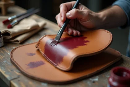 Artisan appliquant de la peinture cuir bordeaux sur une selle de moto avec un pinceau fin sur un établi en bois