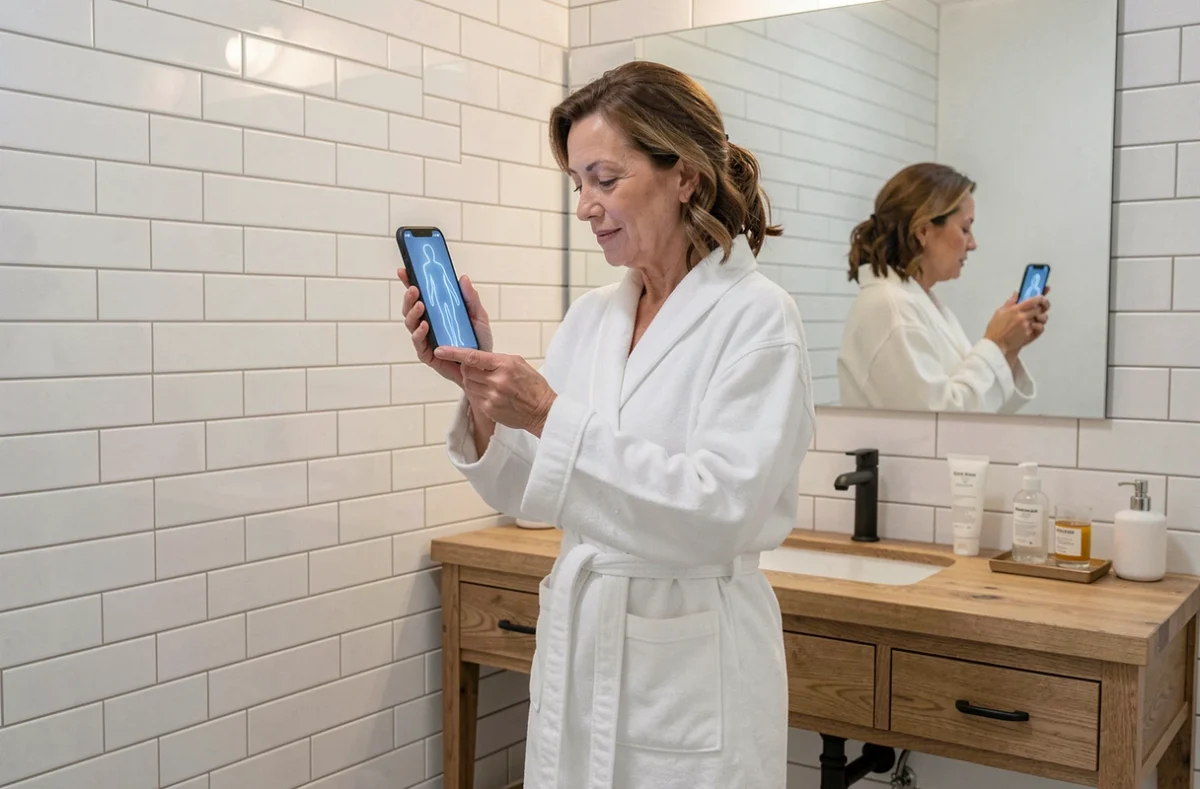 Femme utilisant une application smartphone pour scanner sa silhouette et enregistrer ses mensurations virtuelles