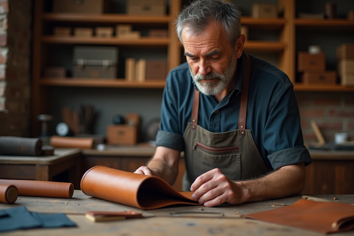 Artisan maroquinier cousant à la main un sac en cuir de veau de haute qualité dans un atelier artisanal traditionnel
