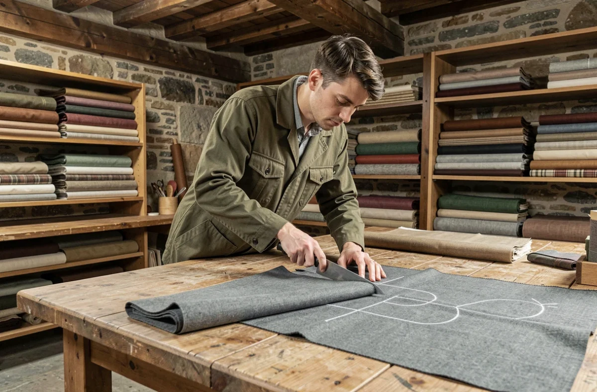 Artisan découpant du tissu sur une grande table de coupe dans l'atelier artisanal C en Franche-Comté