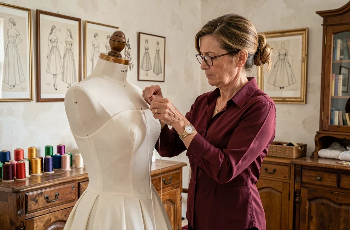 Couturière cousant à la main le corsage d'une robe sur mesure dans l'atelier Edith en Franche-Comté