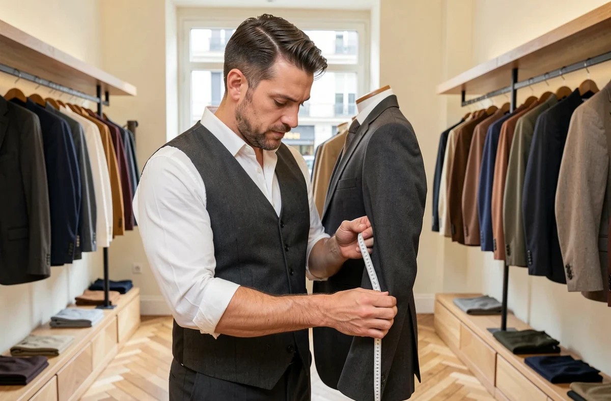 Tailleur prenant les mesures d'un client dans la boutique Auguste Tailleur au centre-ville de Dijon