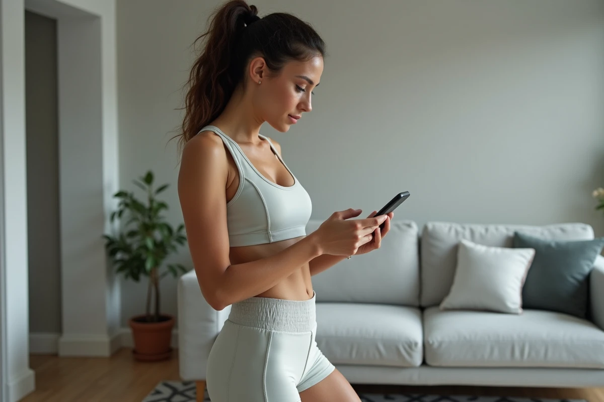 Jeune femme consultant des avis clients sur son smartphone avant d'acheter des vêtements Halara en ligne