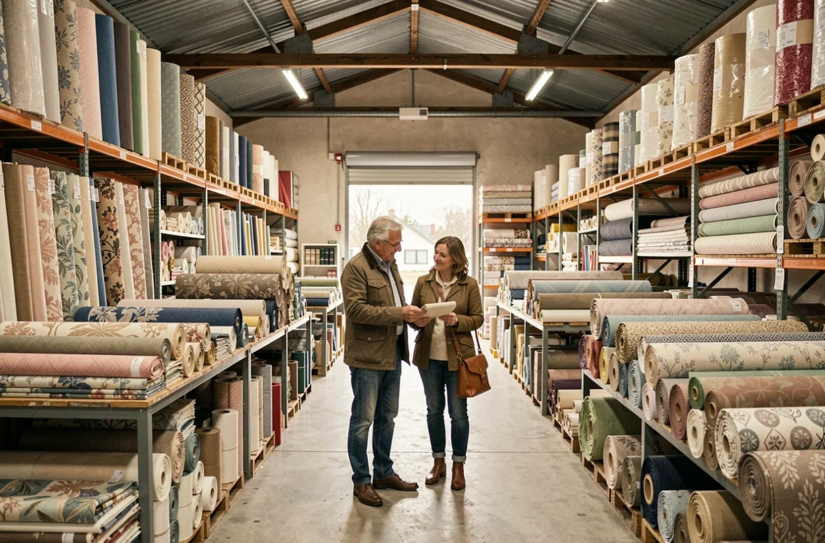 Couple parcourant les articles textiles dans le magasin d'usine Bernard Solfin à La Gaubretière