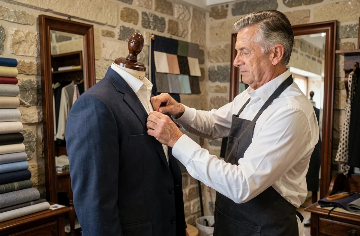 Tailleur professionnel épinglant le revers d'un costume bleu marine sur mesure dans l'atelier Blandin et Delloye à Dijon