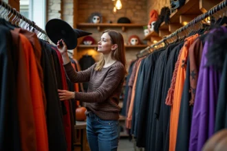 Femme parcourant des déguisements d'Halloween dans une boutique parisienne aux murs en pierre apparente