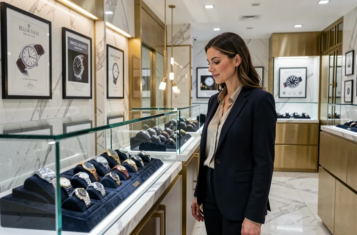 Femme admirant une collection de montres de luxe Richemont dans une boutique haut de gamme