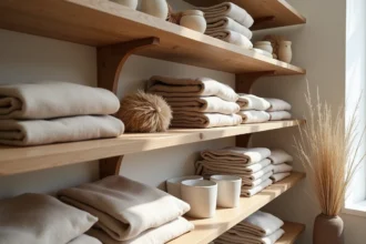 Intérieur d'une boutique slow fashion écoresponsable avec vêtements en lin et objets de curiosité sur des étagères en bois brut