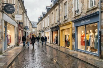 Rue commerçante bretonne avec vitrines de boutiques de prêt-à-porter féminin dans les Côtes-d'Armor