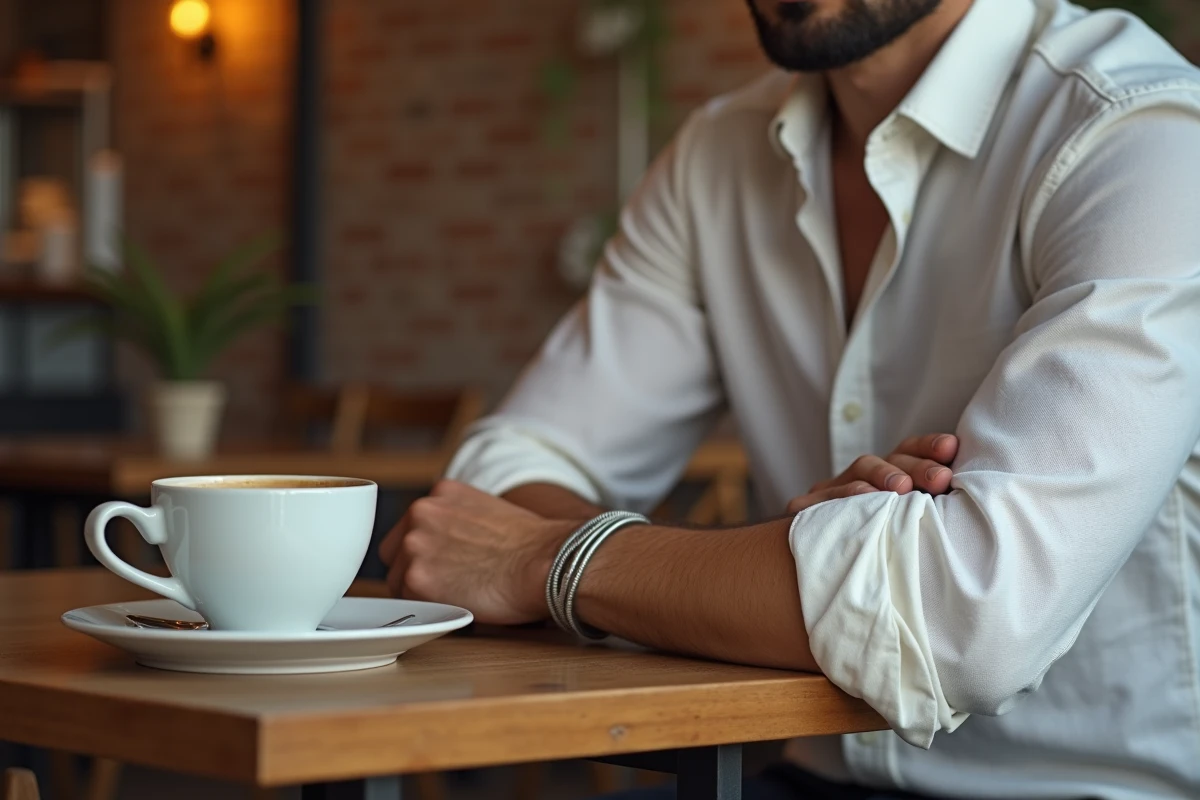 Jeune homme portant un bracelet cordon en argent dans un café urbain