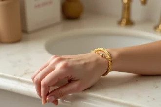 Bracelet cordon en or porté au poignet d'une femme sur une surface en marbre blanc