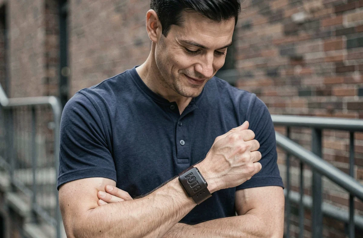 Homme portant un bracelet en cuir large avec gravure affirmée en lettres bold dans un cadre urbain
