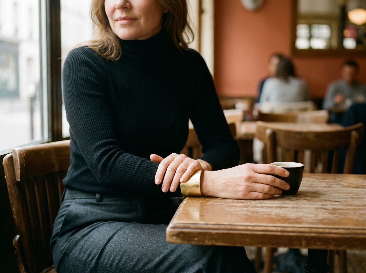 Femme élégante dans un café parisien portant un bracelet manchette en or sur une tenue noire monochrome, illustrant le pouvoir d'un accessoire bijou sur une silhouette