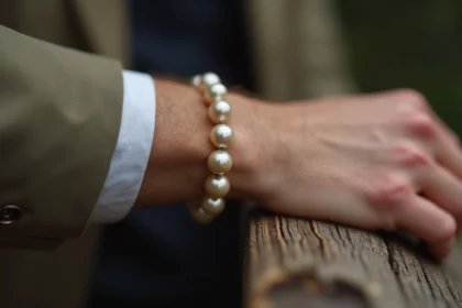 Bracelet perle homme en gros plan sur poignet masculin, détail des perles naturelles et texture artisanale