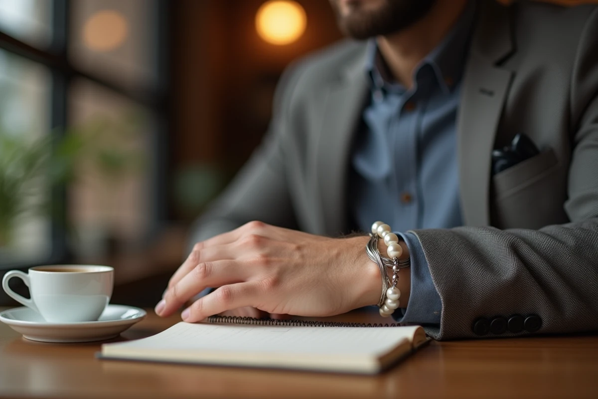 Homme portant un bracelet perle de qualité dans un café urbain moderne, style lifestyle masculin