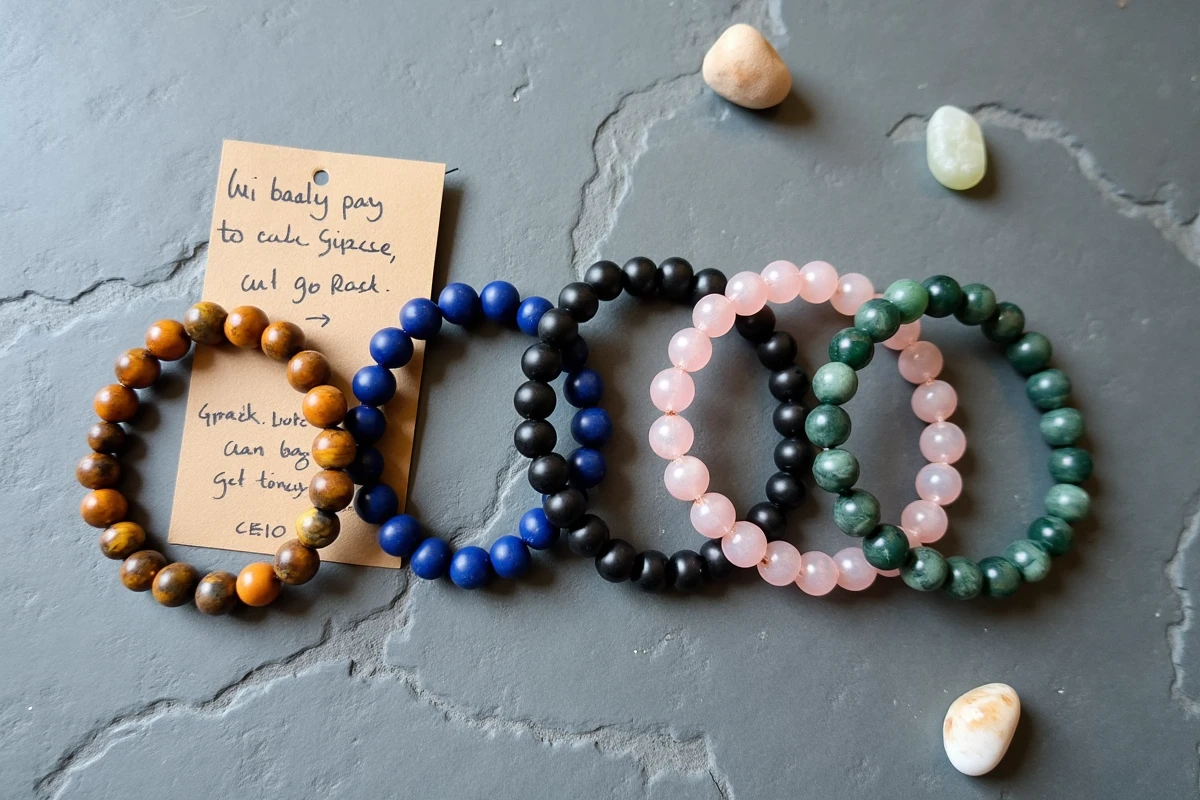 Pose à plat de cinq bracelets en pierres naturelles pour homme sur ardoise grise, incluant œil de tigre, lapis lazuli et obsidienne