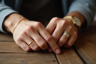 Deux mains de couple portant des bracelets assortis en or sur une table en bois, symbole d'amour durable