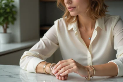 Femme portant bracelets en or sur son poignet en intérieur