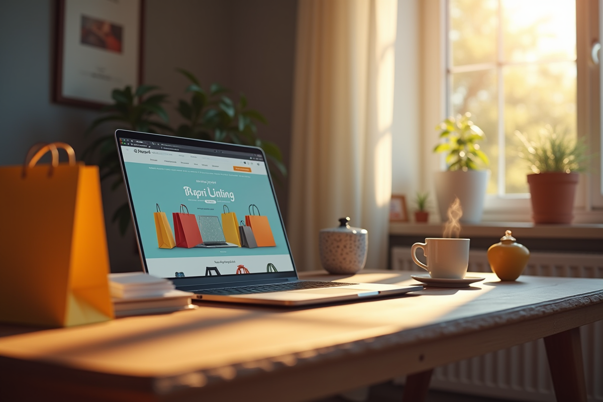 Bureau cosy avec ordinateur affichant ventes en ligne tasse de café