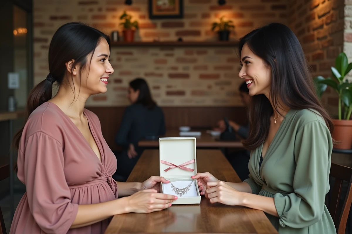 Deux amies découvrant un bola de grossesse dans un écrin cadeau lors d'un baby shower dans un café