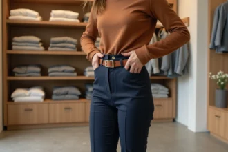 Femme portant une ceinture en cuir slim de 2,5 cm sur un pantalon taille haute bleu marine dans une boutique élégante