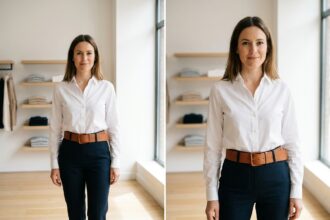 Femme portant une ceinture large en cuir cognac sur une chemise blanche et un pantalon marine, illustrant comment un accessoire transforme la silhouette