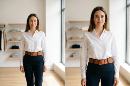 Femme portant une ceinture large en cuir cognac sur une chemise blanche et un pantalon marine, illustrant comment un accessoire transforme la silhouette