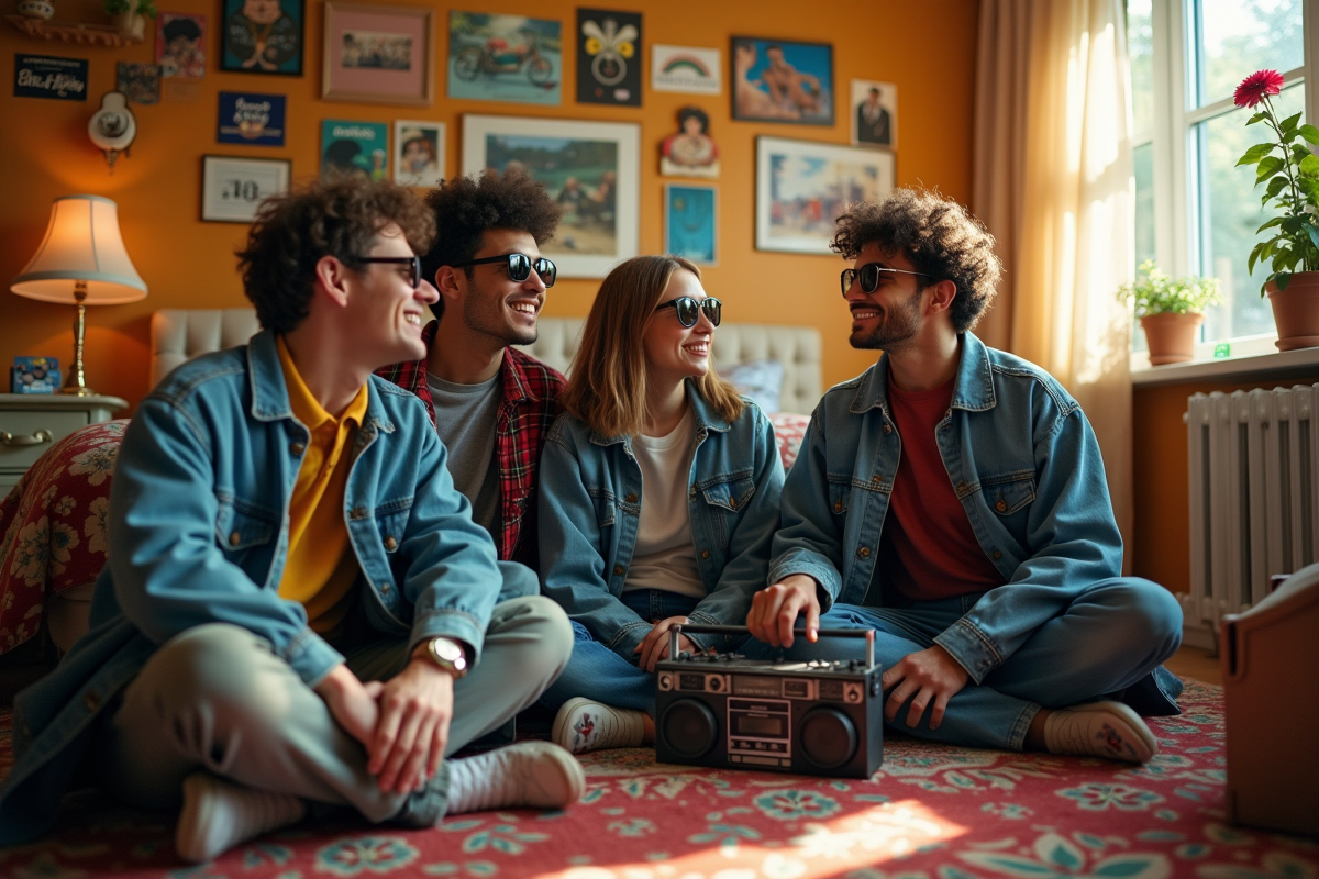 Amis dans une chambre vintage décorée style 90s