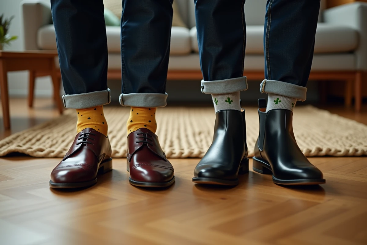 Gros plan sur deux paires de pieds masculins portant des chaussettes originales à motifs géométriques et cactus avec jean indigo et chaussures élégantes sur parquet chêne dans un intérieur moderne