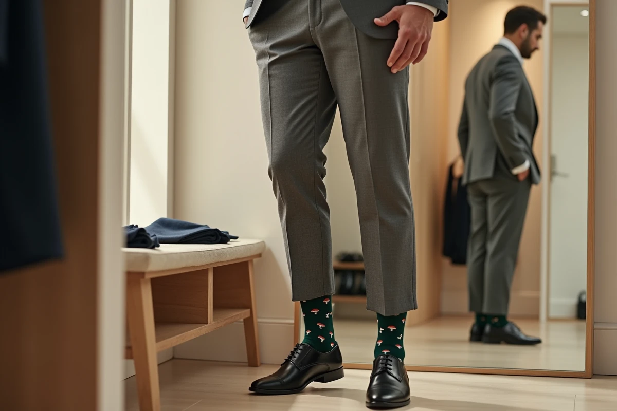 Homme en costume gris flanelle dans une cabine d'essayage parisienne relevant son pantalon pour montrer des chaussettes vertes amusantes avec motif champignons rouges et chaussures oxford noires