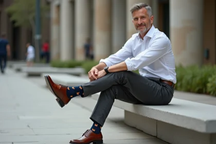 Homme élégant assis croisant la cheville sur le genou révélant des chaussettes rigolotes à motifs renards marine et orange avec un pantalon en laine gris anthracite et des chaussures oxford marron