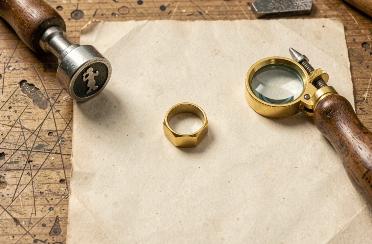 Chevalière en or massif posée sur parchemin avec poinçon de garantie et loupe de bijoutier, symbole du savoir-faire joaillier français