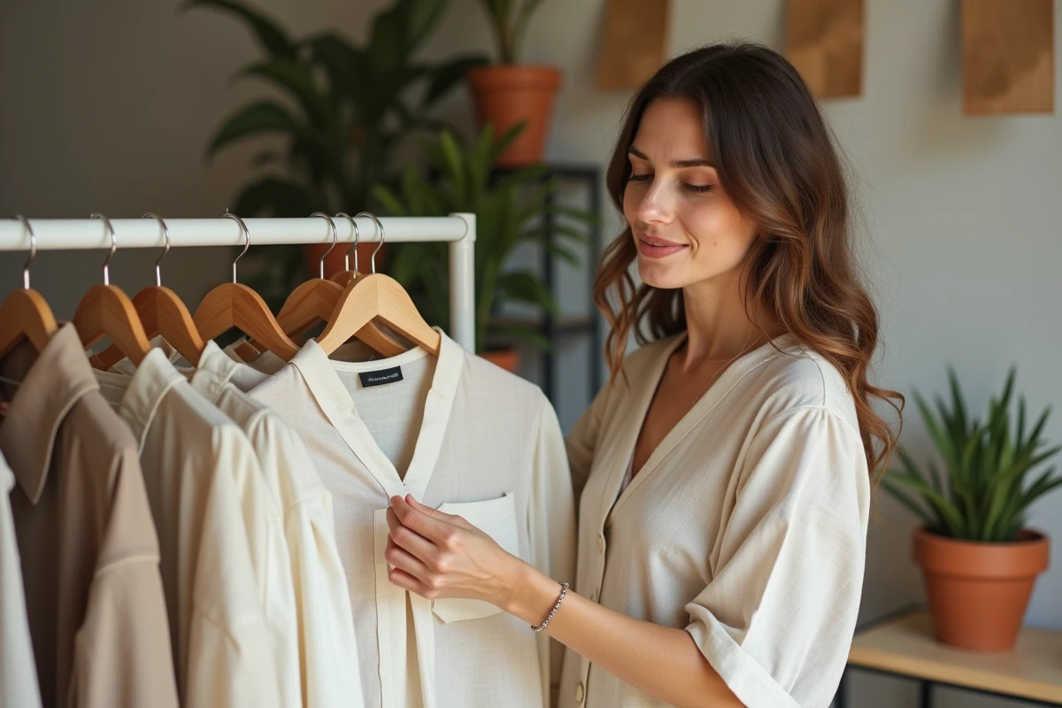 Femme parcourant un rack de vêtements éthiques et slow fashion dans une boutique concept store écoresponsable