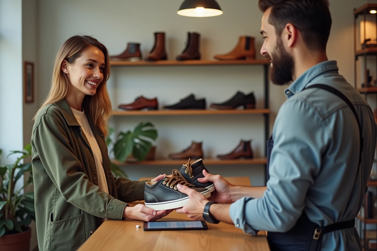 Cliente déposant des baskets à réparer dans une cordonnerie moderne avec service numérique
