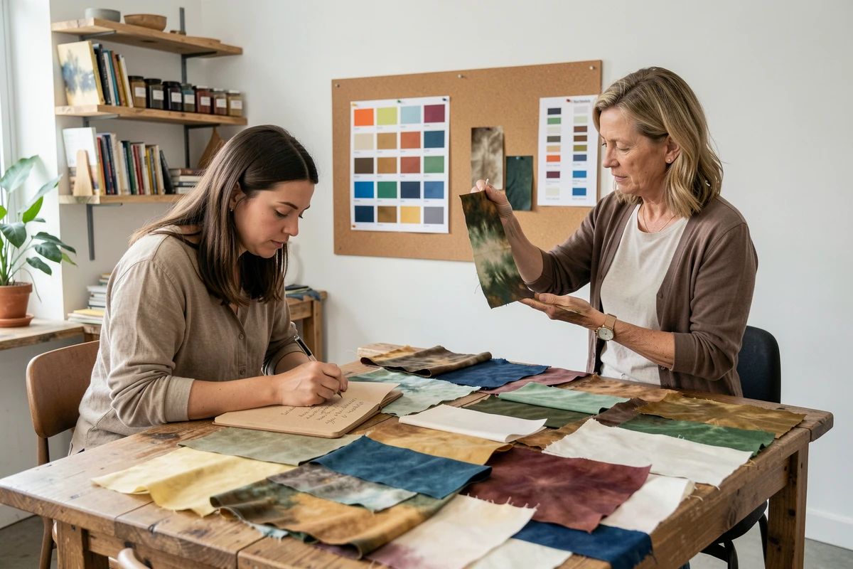 Deux femmes comparant des échantillons de polyester teint de manière écologique dans un studio de design durable