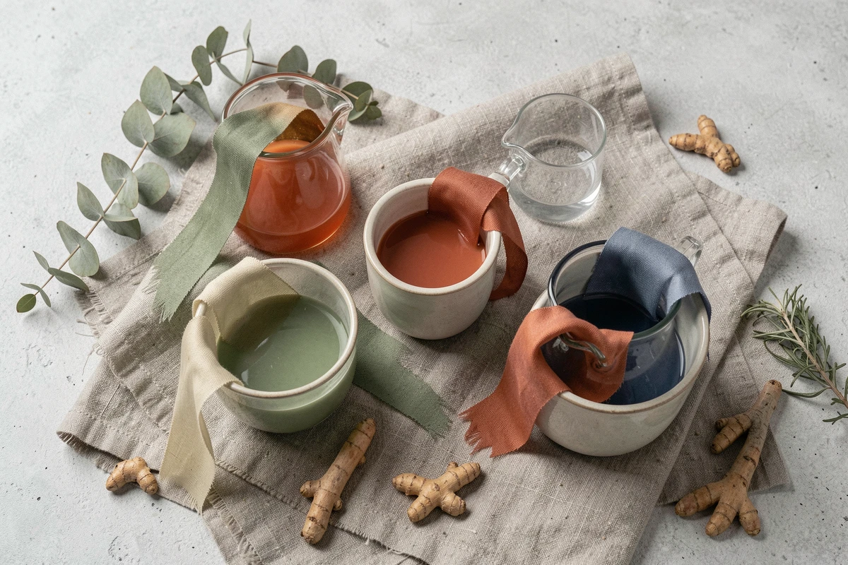 Gros plan de colorants naturels écologiques et de bandes de polyester en cours de teinture dans des récipients en verre