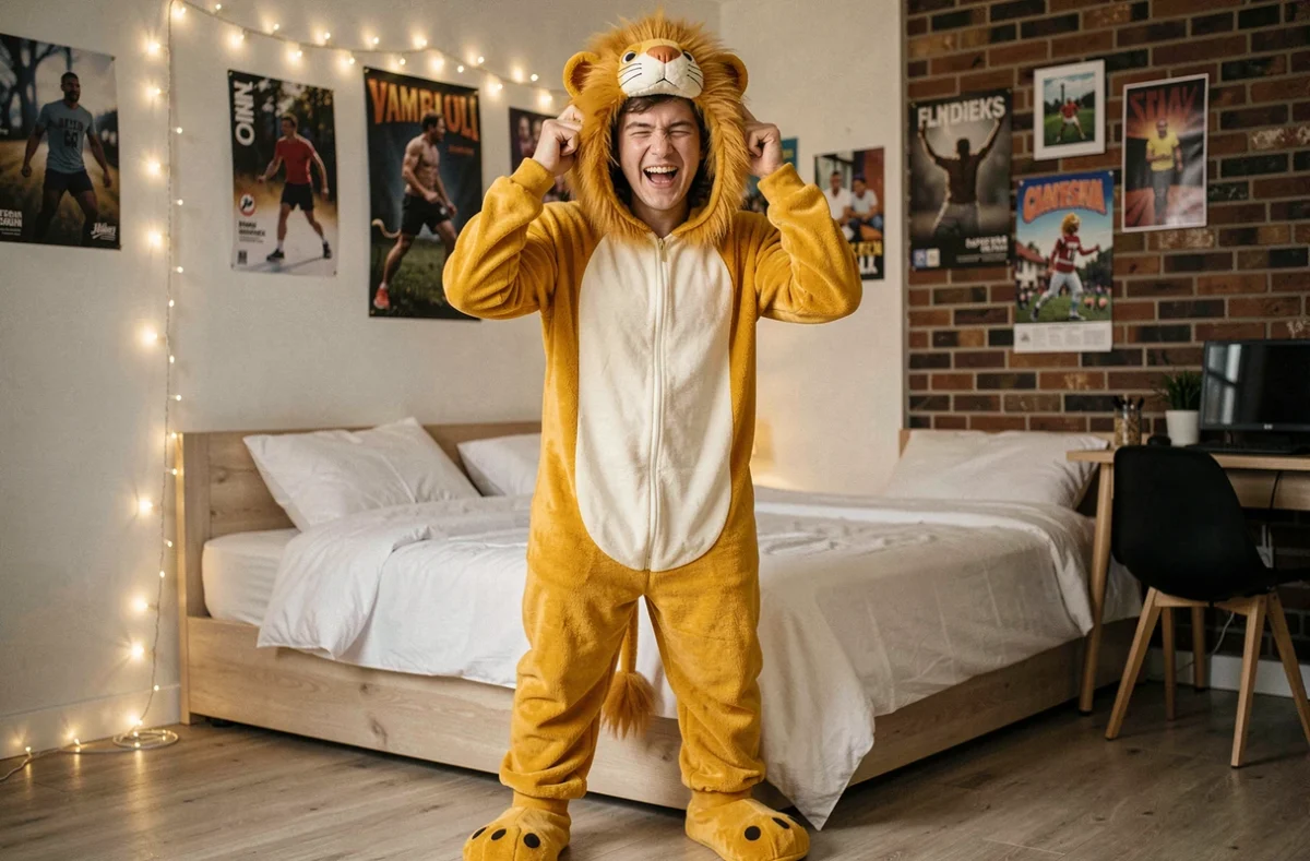 Jeune homme riant vêtu d'une combinaison pyjama lion avec capuche crinière et pattes, debout dans une chambre décorée de guirlandes lumineuses