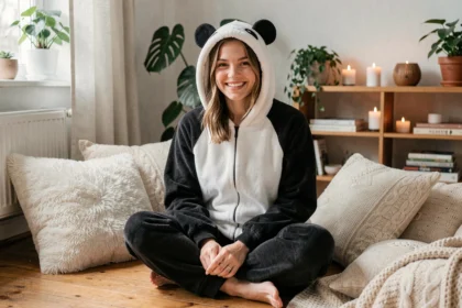 Jeune femme souriante portant une combinaison pyjama panda douce et moelleuse, assise sur le sol d'un salon cosy avec des coussins et une couverture tricotée