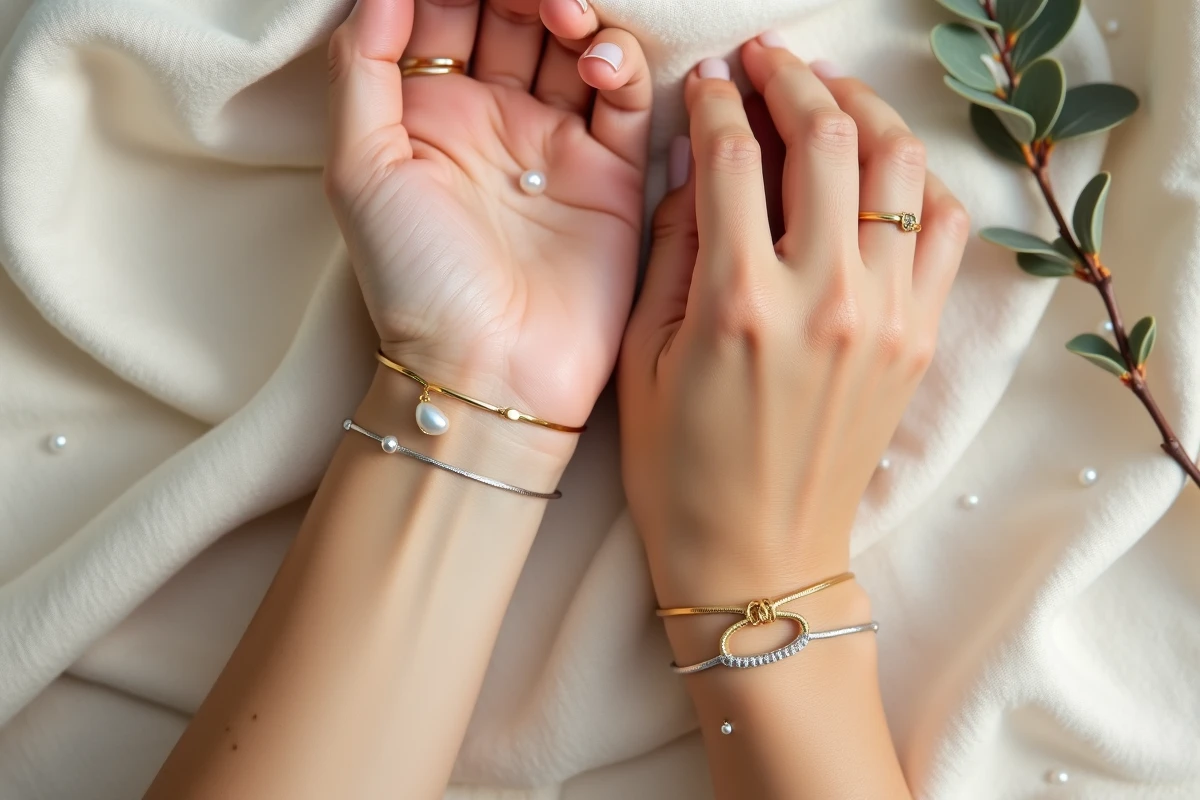 Comparaison d'un bracelet cordon en or et d'un bracelet cordon en argent côte à côte sur tissu lin
