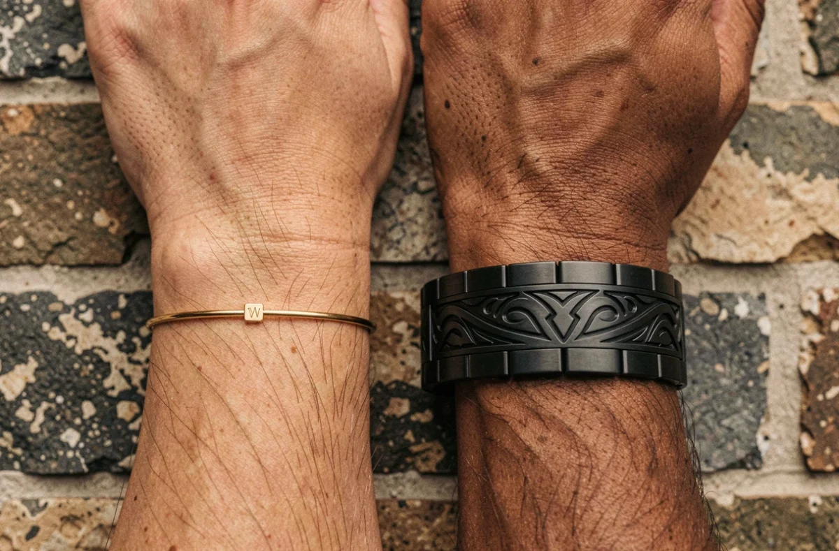 Comparaison de deux bracelets homme gravure discret versus affirmé en or et acier noir sur comptoir en pierre