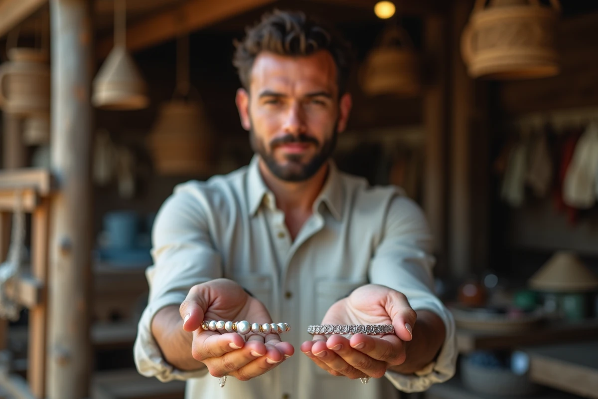 Homme comparant deux bracelets perle de qualité différente dans un marché artisanal