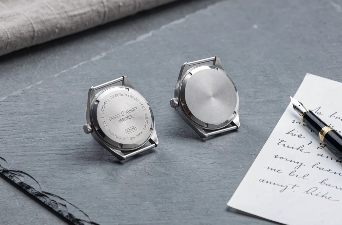 Comparaison de deux montres homme dont une avec gravure personnalisée sur le fond du boîtier