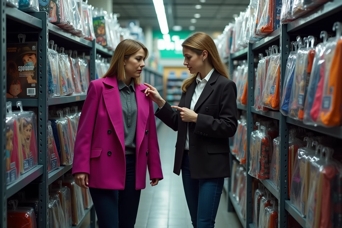 Deux femmes comparent des déguisements Totally Spies dans un magasin de costumes avant une soirée
